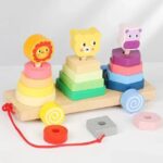 Wooden 3-in-1 Montessori Stackers on wheels