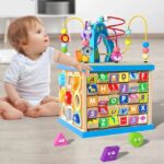 6 in 1 Wooden Motor Skills Cube with Shape Sorter Learning Clock Gear Game Montessori Toy Fine Motor Skills Wooden Activity Cube