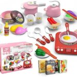 Kitchen Pretend Play Set Toys For Cooking with Pots and Pans, Dishes, Kitchen Utensils.