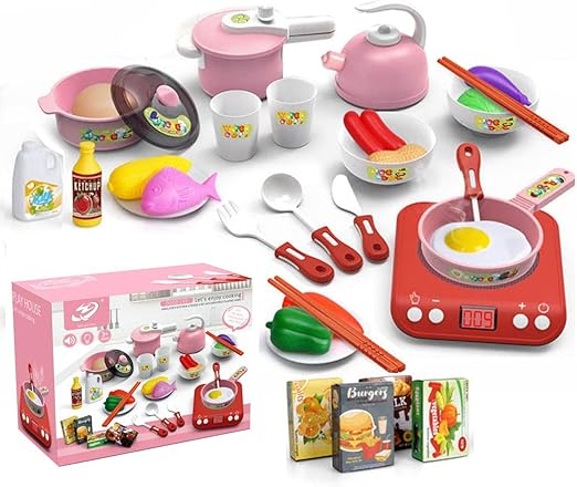 Kitchen Pretend Play Set Toys For Cooking with Pots and Pans, Dishes, Kitchen Utensils.